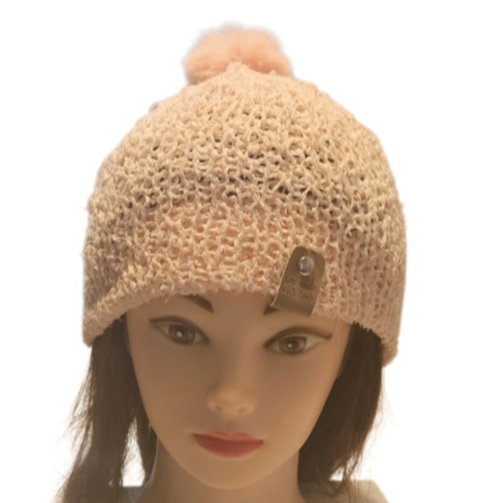 Hand Crafted Crochet pom pom beanie pink Paper Lace 73% Nylon 27% polyester soft